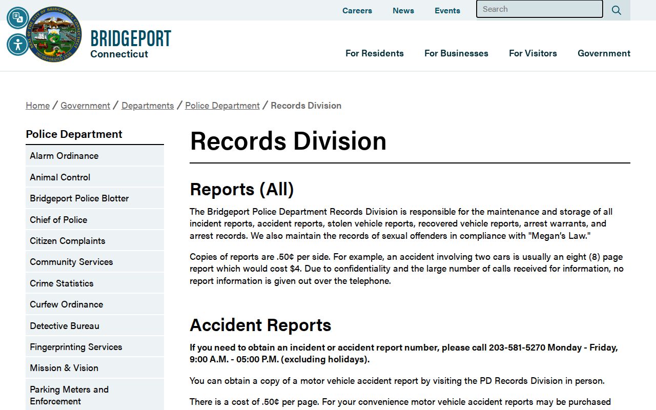 Bridgeport Police booking record and mugshot request page