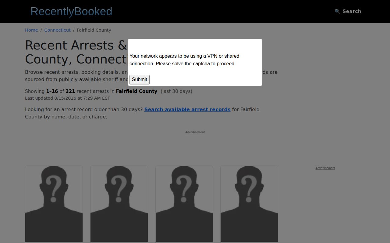 Unofficial Fairfield booking page relevant to Bridgeport arrest searches