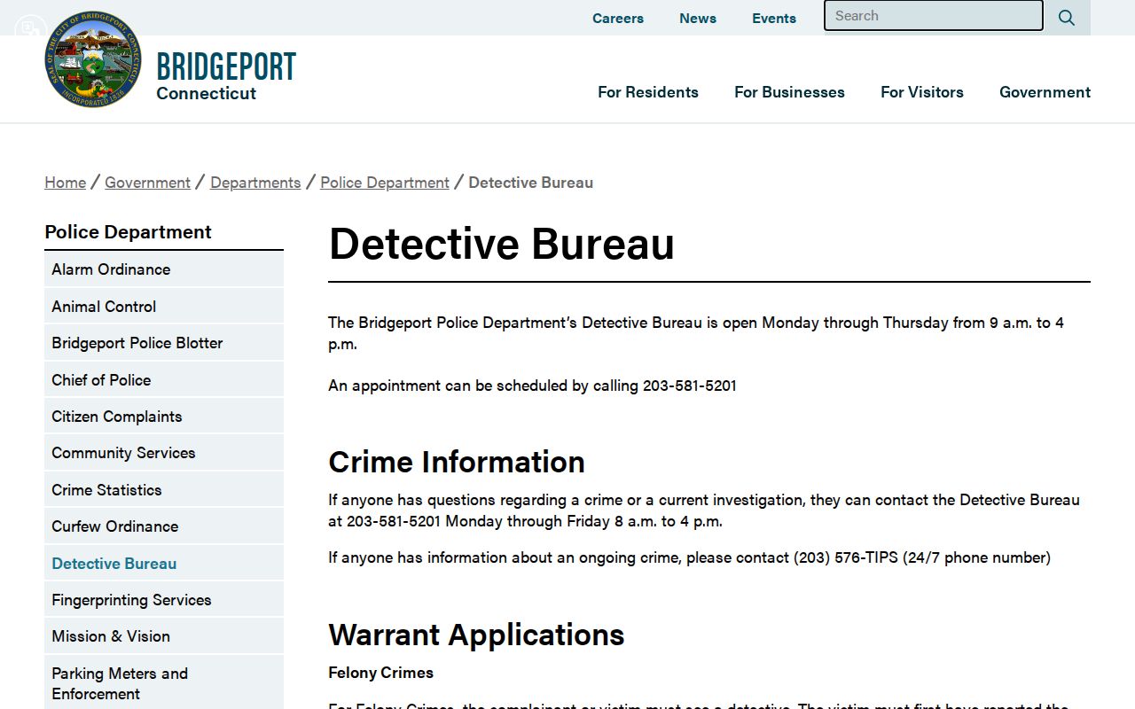 Bridgeport Police wanted-fugitive tip and detective record page